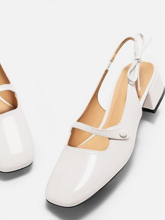 Coutgo Shoes - Mary Jane Shoes Slingback Chunky Low Heels Bow Closed Square Toe Pumps